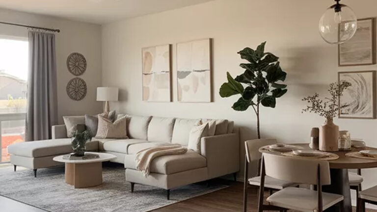 Cozy reading nook with a tufted bench, accent chair, framed wall art, indoor plants, and large windows bringing in natural light, highlighting practical small home interior ideas for compact spaces.