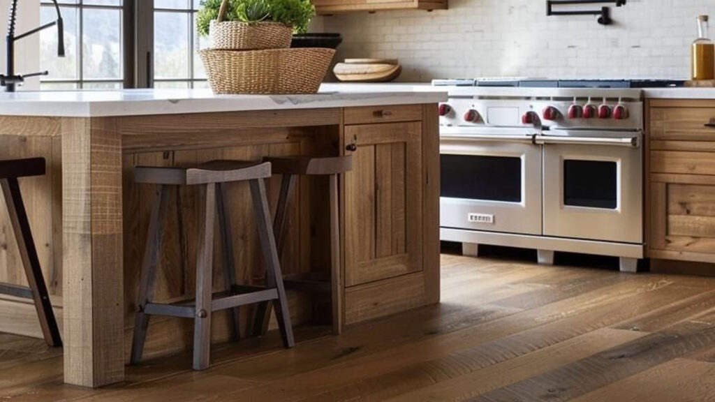 Rustic kitchen featuring natural wood cabinets, a functional island with seating, quartz countertops, and warm hardwood flooring, showcasing stylish and durable home flooring ideas for modern homes.