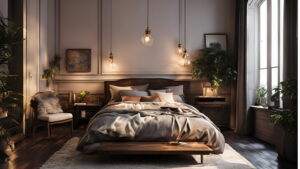 Luxury bedroom design featuring a wooden platform bed with layered neutral bedding, warm pendant lighting, elegant wall paneling, indoor plants, and large windows creating a cozy and sophisticated atmosphere.