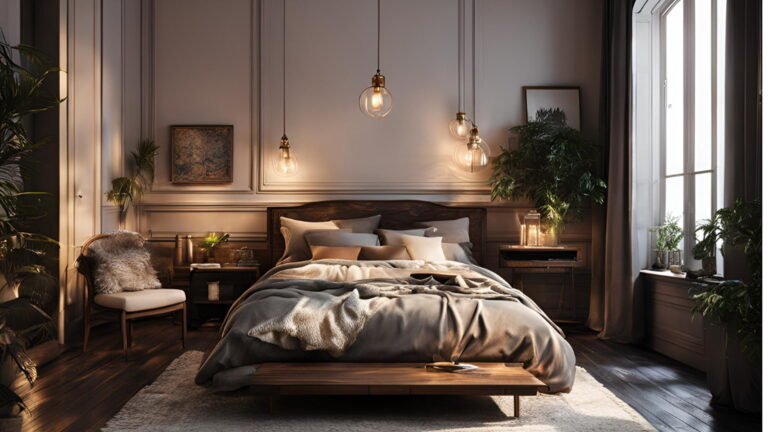 Luxury bedroom design featuring a wooden platform bed with layered neutral bedding, warm pendant lighting, elegant wall paneling, indoor plants, and large windows creating a cozy and sophisticated atmosphere.