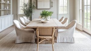 Elegant dining room interior design featuring a rustic wooden dining table, upholstered chairs, natural textures, large windows, indoor greenery, and soft neutral tones for a bright and inviting space.