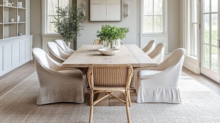 Elegant dining room interior design featuring a rustic wooden dining table, upholstered chairs, natural textures, large windows, indoor greenery, and soft neutral tones for a bright and inviting space.
