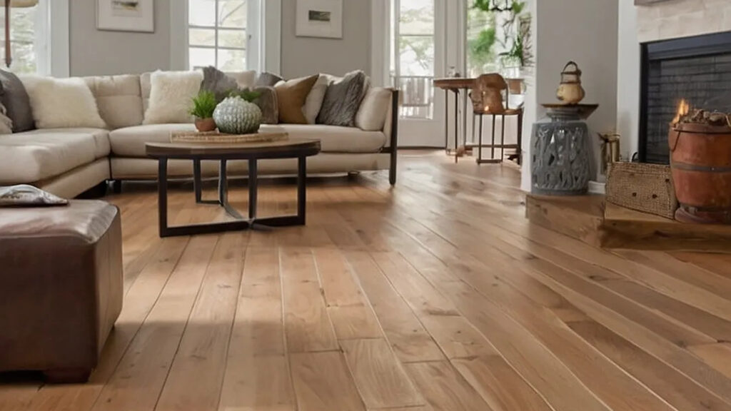 Bright living room with wide-plank hardwood floors, a cozy sectional sofa, fireplace, and natural light, highlighting elegant home flooring ideas that enhance warmth and spaciousness.
