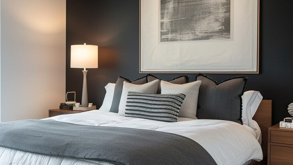 Modern luxury bedroom design with a black accent wall, crisp white bedding, decorative pillows, wooden bedside tables, soft ambient lighting, and minimalist artwork for an elegant contemporary look.