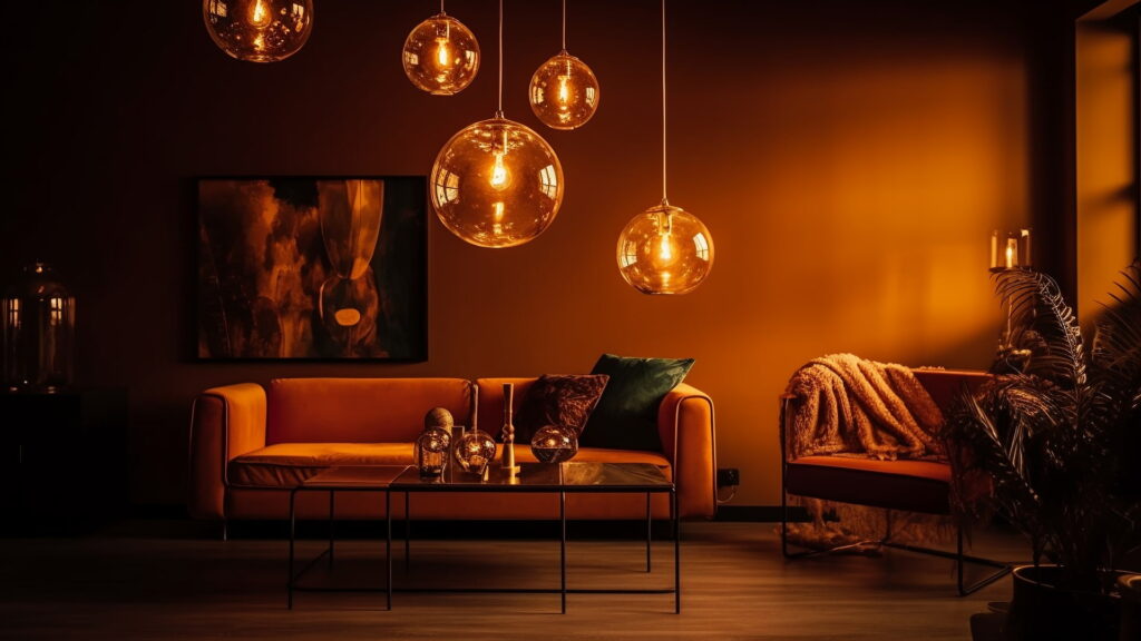 Warm and stylish modern living room featuring amber pendant lights, a contemporary sofa, elegant coffee table, decorative accents, and cozy ambient lighting.