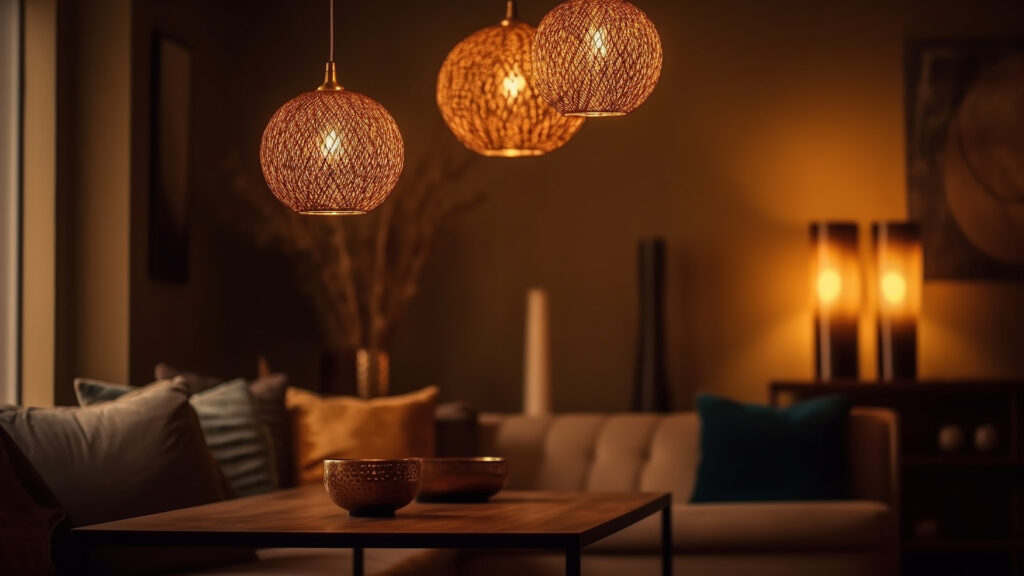 Elegant living room with woven pendant lights, wooden coffee table, comfortable seating, and warm ambient lighting creating a cozy and sophisticated atmosphere.