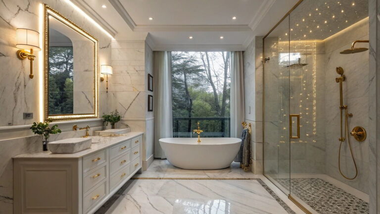 Luxury bathroom design featuring marble walls, a freestanding bathtub, glass shower enclosure, LED mirror lighting, and elegant gold fixtures for a modern spa-inspired interior.