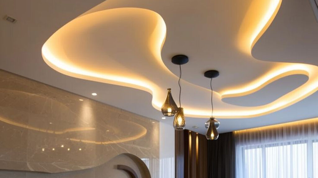 Luxury false ceiling with flowing curved LED lighting and modern pendant lights, highlighting creative ceiling design ideas for stylish living room interiors.